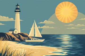 Naklejka premium Illustration of a yacht or sailboat next to a lighthouse on the seashore against the backdrop of the sun in retro style
