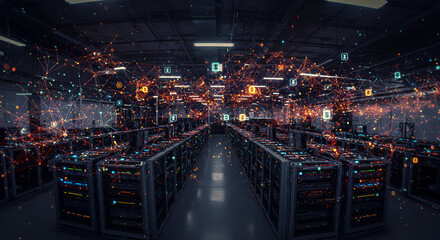 Cryptocurrency Mining Farm Surrounded by Abstract Digital Networks