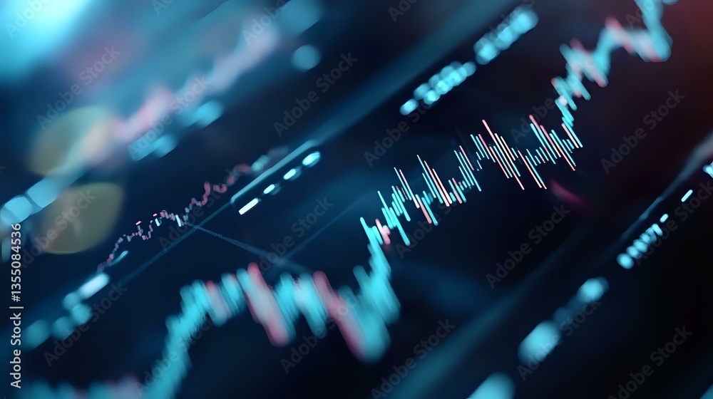 Poster financial market data visualization showing dynamic stock price movement with blue and red candlesti