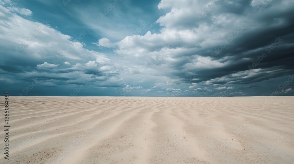 Poster a vast sandy landscape under a dramatic sky with clouds and texture : generative ai
