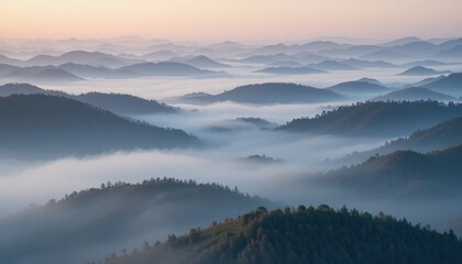 Fototapeta premium Serene morning mist rolling over mountainous landscape tranquil nature scene aerial view peaceful atmosphere adventure awaits