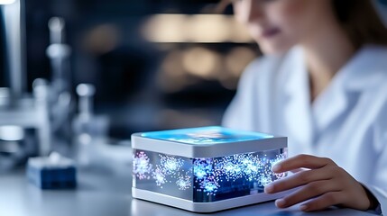 Female scientist examining glowing virus samples in modern laboratory setting with blue illuminated container showing molecular structures and research specimens.