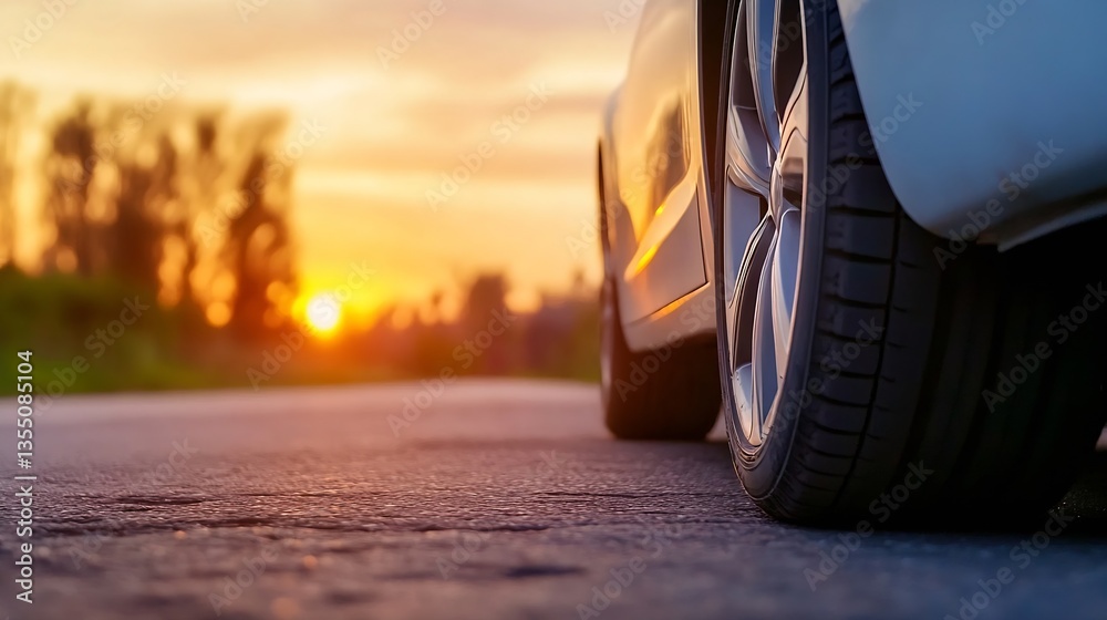 Aufkleber close up of a car tire on asphalt road with glowing sunset in the background enhancing travel vibes 