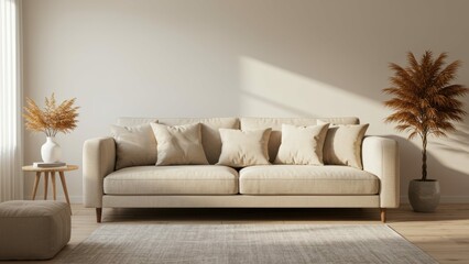 Beige sofa centerpiece in a minimalist living room with potted plant, side table, neutral tone. Represents contemporary home design, relaxation, peaceful, calm.