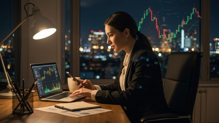 Asian businesswoman analyzes stock charts on laptop with mobile in office at night. Investing, finance, strategy. Modern workspace shows financial technology, global market trends.