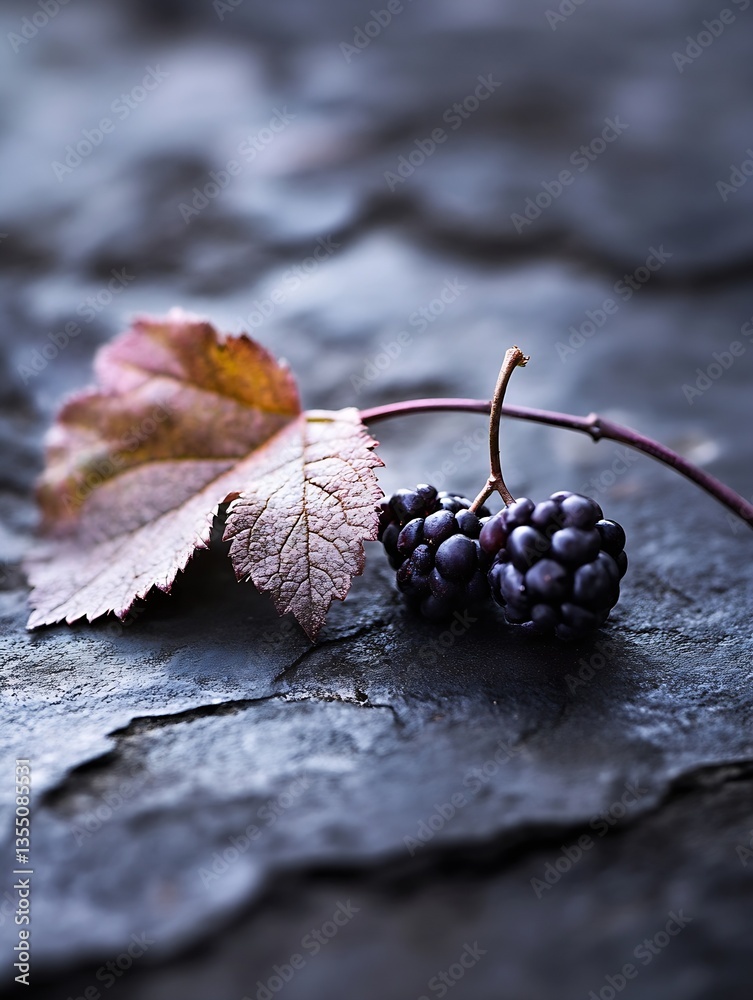 Poster close up of a cluster of blackberries on a textured dark background with autumn leaves : generative 