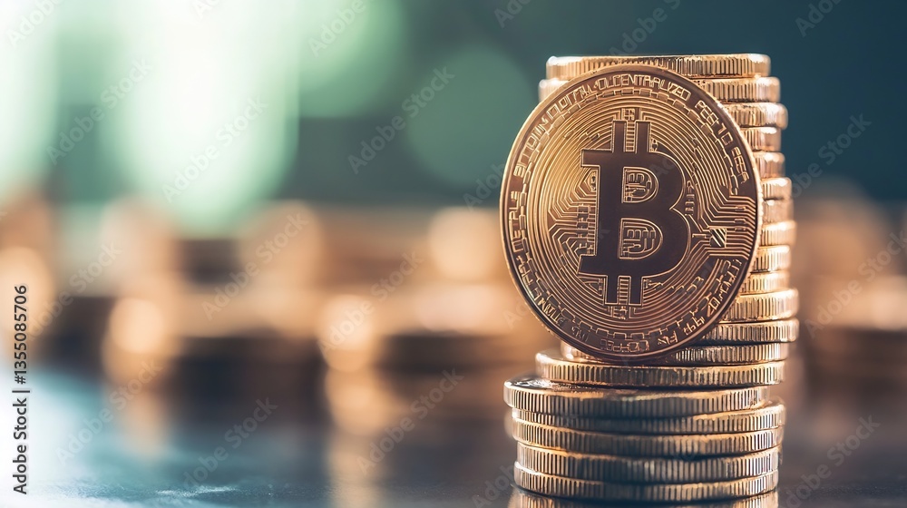 Poster stack of shiny gold bitcoin coins symbolizing cryptocurrency investment and digital finance : genera