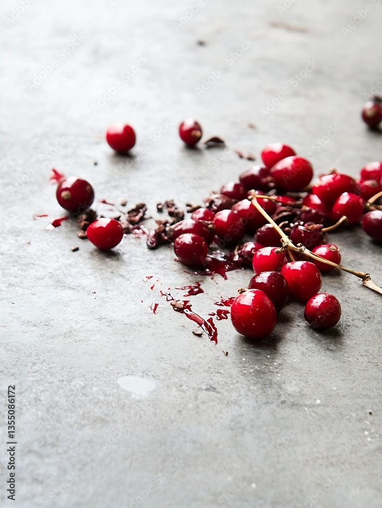 Poster scattered fresh red cherries and crushed pieces on a textured surface creating a vibrant scene : gen