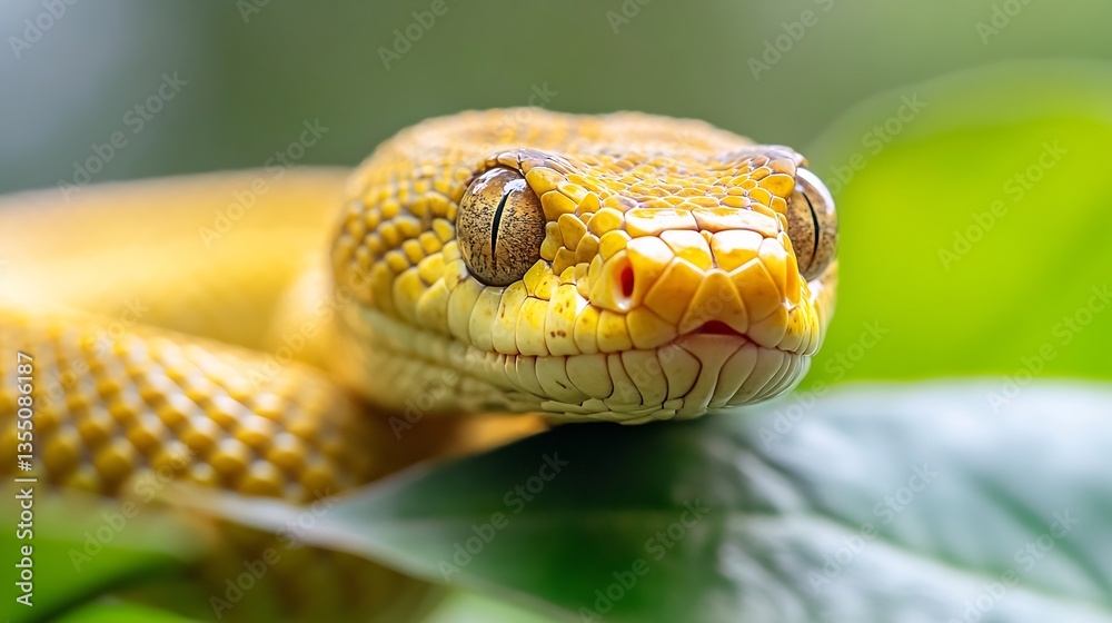 Poster close encounter with a vibrant yellow snake resting on green foliage in a lush tropical environment 