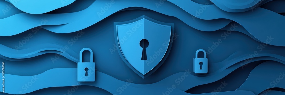 Fototapete cybersecurity theme in paper art style with layered locks and shields in modern blue gradients showc