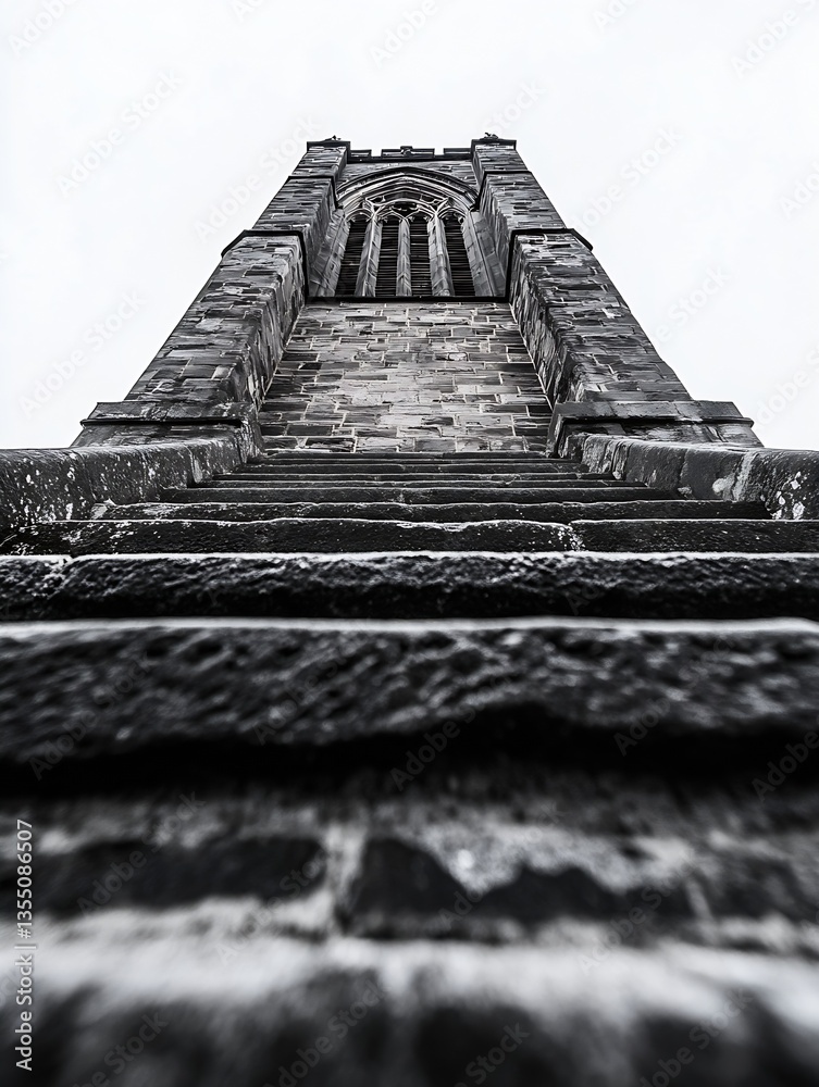 Poster dramatic low angle view of an ancient stone tower against a gray sky : generative ai