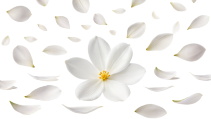 Flying white flower petals isolated on transparent background. Png