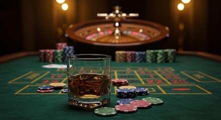 Casino Night Drink and Chips - Close-up of whiskey glass and casino chips on a roulette table, blurred background