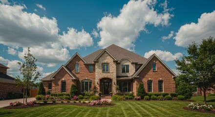 Obraz premium Brick House Dream Home with Lush Landscaping - Luxurious brick home, beautiful landscaping, vibrant flowers, bright blue sky, inviting curb appeal. Symbolizing success, family, comfort, beauty