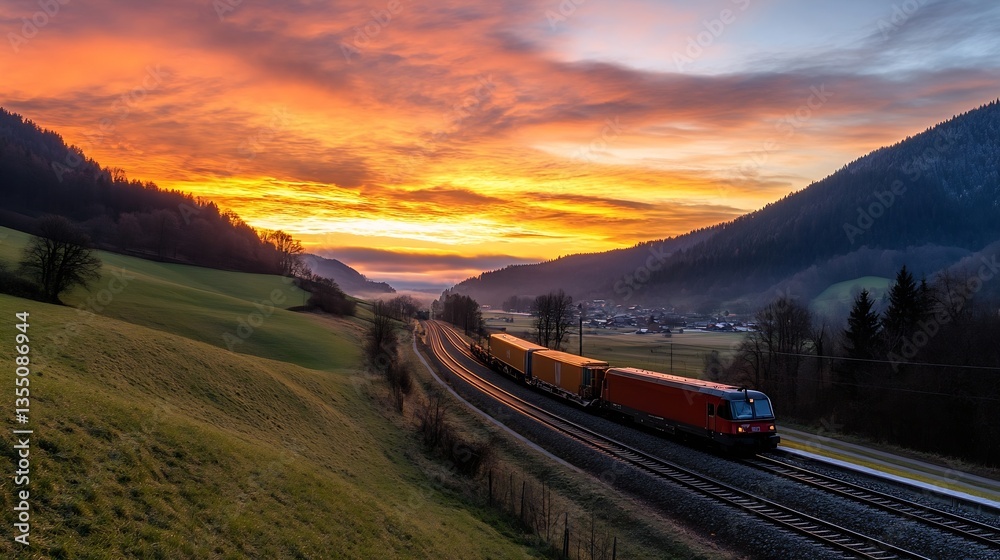 Poster captivating sunset view with a train traveling through a scenic landscape surrounded by mountains : 