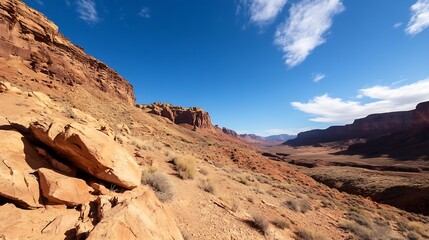 Fototapeta premium Vast desert landscape featuring rugged rock formations under a clear blue sky : Generative AI