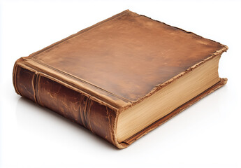 Obraz premium Antique Brown Leather Book with Worn Edges and Aged Paper Texture Isolated on White
