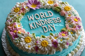 A cake decorated with flowers and the words world kindness day in white frosting on a blue background