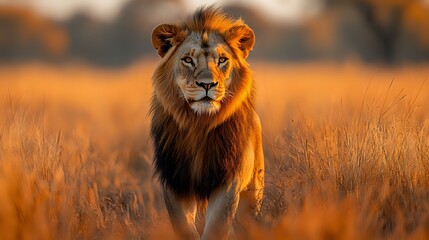 Male lion with majestic dark mane standing in tall golden grass during sunset. Dramatic lighting highlights powerful predator against blurred savanna background in warm orange tones.