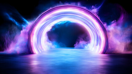 Obraz premium Neon Portal, Dark Stage, Smoke, Light
