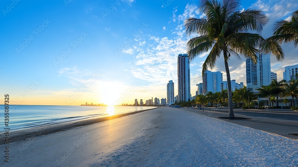 Poster stunning sunrise view over a tranquil beach with palm trees and modern buildings lining the shore : 