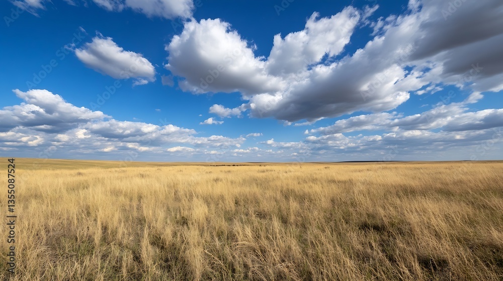 Poster vast open prairie under blue sky and fluffy clouds in a scenic landscape : generative ai