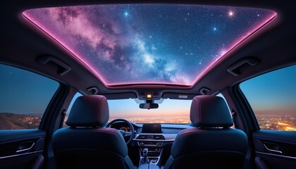 Car interior with illuminated starry sky sunroof. Modern vehicle design with digital dashboard. Night city view through panoramic window. Futuristic automobile, luxury driving experience.