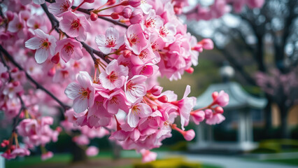 Fototapeta premium blooming pink sakura trees in the park, flowers, blossom, spring, nature, petals, cherry tree