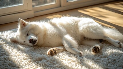 Fototapeta premium White husky dog napping sunlit room floor