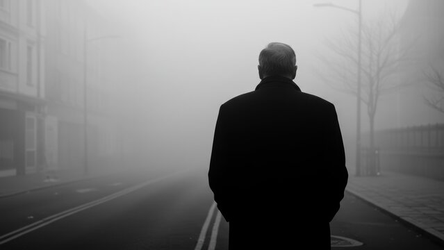 Caucasian senior man walks on city street in London. Silhouette, monochrome image evokes mystery, melancholy. Fog adds atmosphere. Introspection, solitude, loneliness themes.