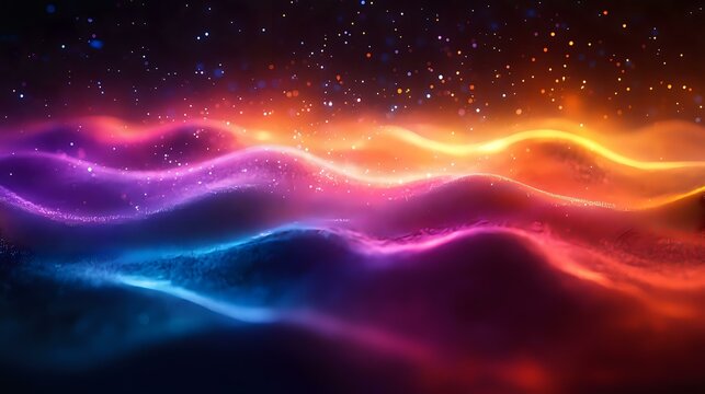 Abstract cosmic waves in vibrant neon colors flow across dark space background with glowing particles and light trails creating dynamic energy pattern.
