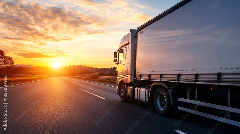 Poster dynamic image of a modern delivery truck driving on an open road against a setting sun : generative 