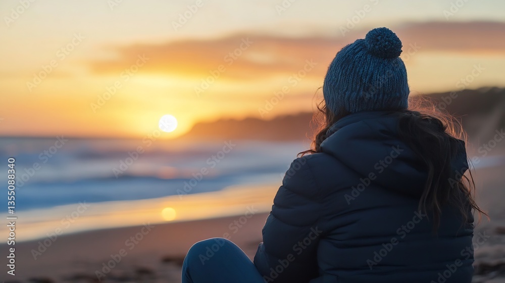 Poster contemplative individual observing a stunning sunset on the beach with waves gently crashing : gener