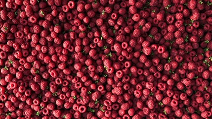 A colorful overhead view of freshly picked ripe raspberries, tightly packed and evenly spread, showcasing the rich red hues and natural texture of these delicious, juicy fruits.. AI Generation