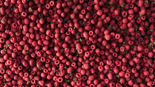 A colorful overhead view of freshly picked ripe raspberries, tightly packed and evenly spread, showcasing the rich red hues and natural texture of these delicious, juicy fruits.. AI Generation
