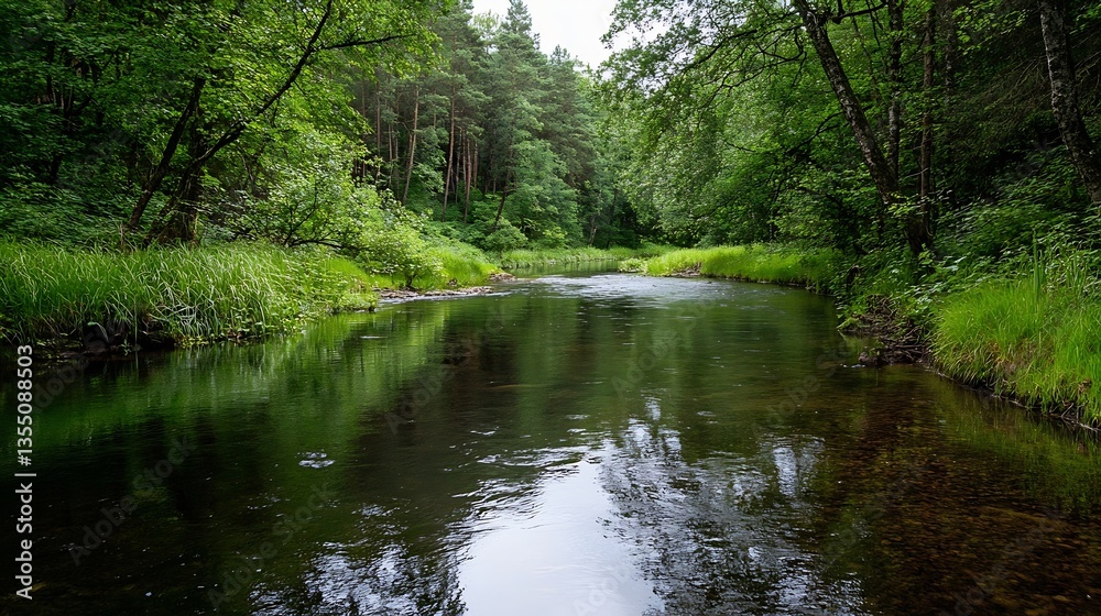 Poster tranquil river scene surrounded by lush green trees and reflective waters : generative ai