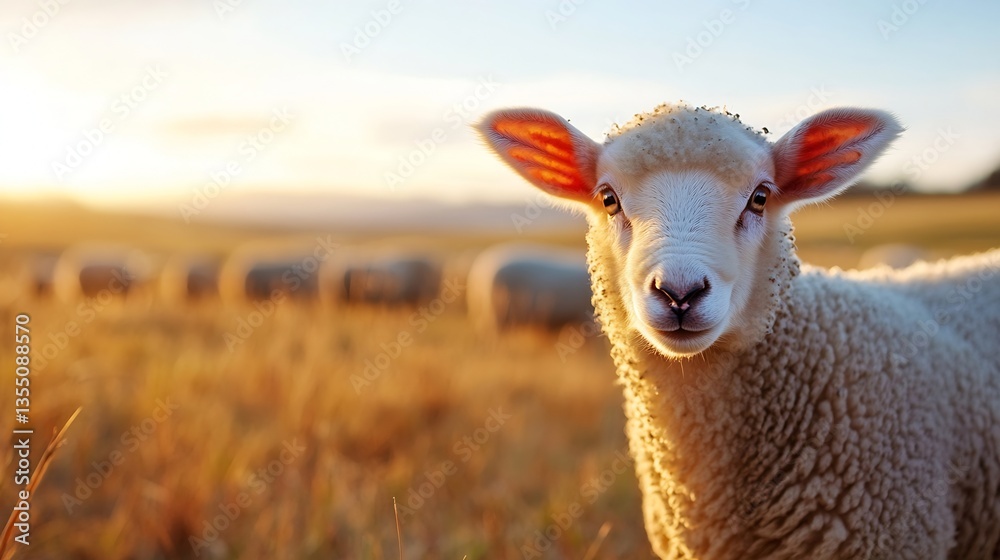 Poster Curious sheep in an open field during sunset with a flock grazing in the warm golden light of the evening : Generative AI
