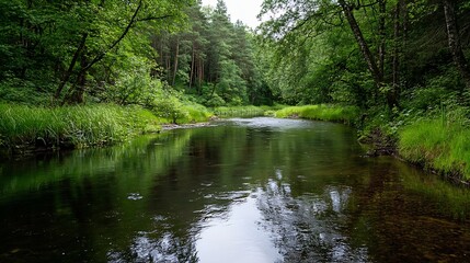 Tranquil river scene surrounded by lush green trees and reflective waters : Generative AI
