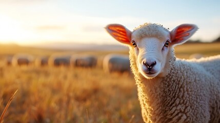 Fototapeta premium Curious sheep in an open field during sunset with a flock grazing in the warm golden light of the evening : Generative AI