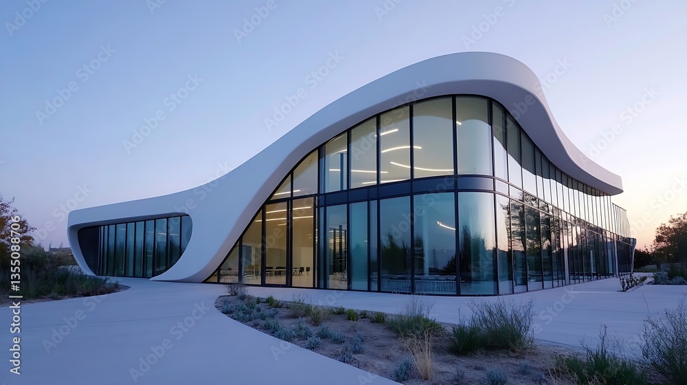 Poster Modern and stylish building with unique design and extensive glass facade illuminated in twilight : Generative AI
