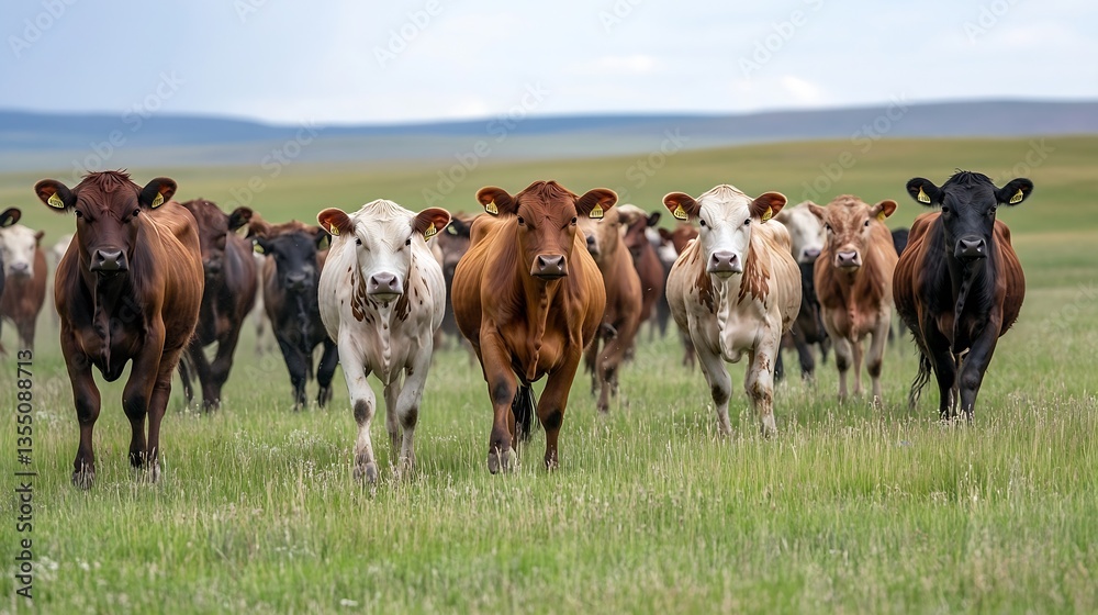Poster herd of cows calmly walking across a lush green pasture under an open sky : generative ai