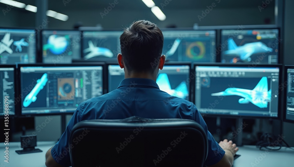 Poster aerospace engineer analyses aircraft design on computer monitors. man works with aerodynamic simulat