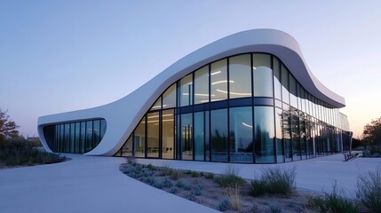 Fototapeta premium Modern and stylish building with unique design and extensive glass facade illuminated in twilight : Generative AI