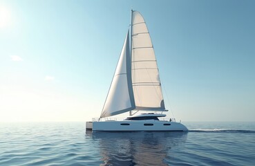 Naklejka premium White catamaran sailing across open water under clear blue sky. Yacht, sailboat, vessel on vacation, leisure. Tropical travel, seascape. Coastline, cruise, ocean, sea.