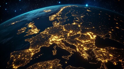 A spectacular aerial view of Europe at night as seen from space. The city lights create a glowing web of urbanization, highlighting key regions and showcasing the advanced infrastructure and