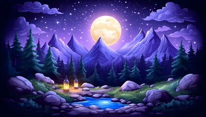 Fototapeta premium Night Mountains Moonlit Path