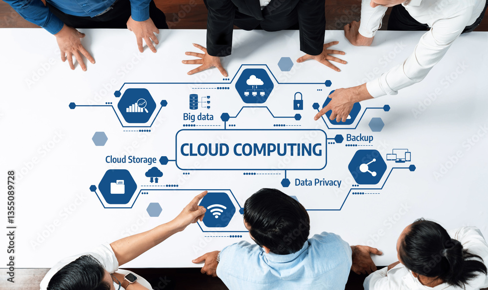 Poster a diverse team collaborates on cloud computing concepts using icons that represent data privacy, bac