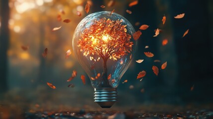 Glowing autumn tree inside a light bulb floating in a forest