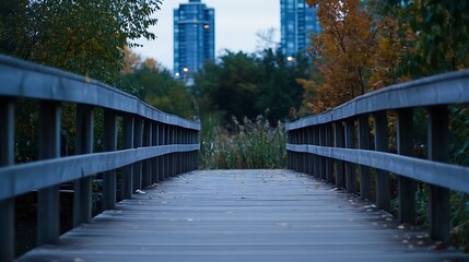 Fototapeta premium Wooden walkway leading through tranquil park with modern buildings in the backdrop as dusk settles : Generative AI