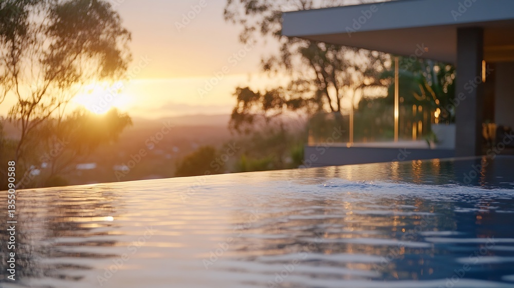 Poster serene view of infinity pool reflecting sunset over the horizon with lush trees in the background : 